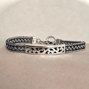 LOIS HILL Sterling Silver Thai Weave ID Bracelet w Cut Out Design Toggle Clasp